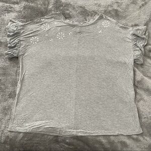 Terra & Sky Grey Ruffled Sleeve Bling Blouse 1X